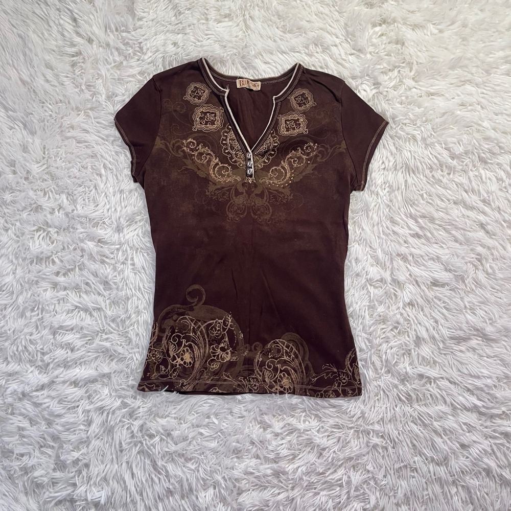 y2k brown paisley rhinestone button up top large